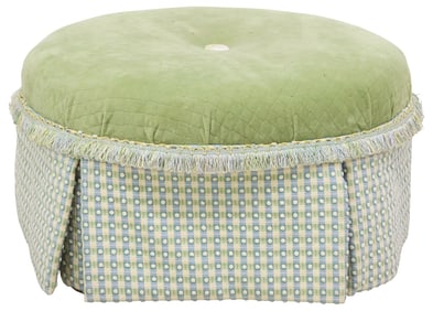 CIRCULAR GREEN UPHOLSTERED BUTTON TUFT SKIRTED OTTOMAN