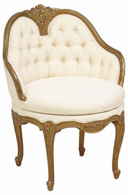LOUIS XV STYLE UPHOLSTERED BARREL-BACK SWIVEL VANITY CHAIR