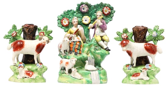 (3) ENGLISH STAFFORDSHIRE PEARLWARE BOCAGE SPILL VASES & FIGURAL GROUP