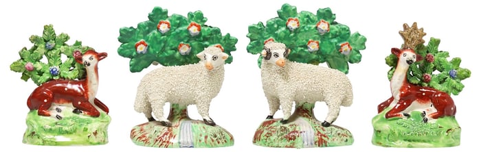 (4) ENGLISH STAFFORDSHIRE PEARLWARE BOCAGE ANIMALS, SHEEP & DEER
