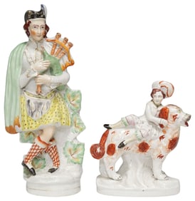 (2) ENGLISH VICTORIAN STAFFORDSHIRE FIGURES, BAGPIPE PLAYER & BOY ON DOG