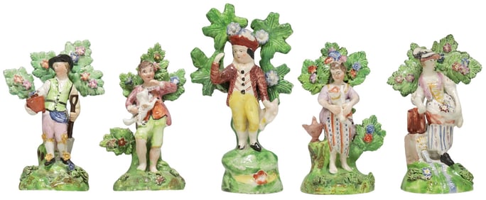 (5) ENGLISH VICTORIAN STAFFORDSHIRE POTTERY BOCAGE FIGURES