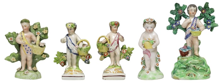 (5) ENGLISH STAFFORDSHIRE PEARLWARE BOCAGE FIGURES, PUTTI WITH FLOWERS