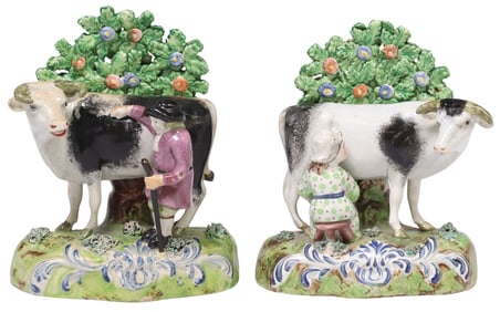 (2) ENGLISH STAFFORDSHIRE PEARLWARE BOCAGE FIGURES OF DAIRY COWS