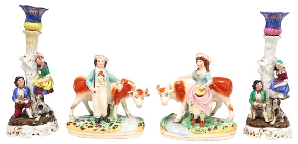 (4) ENGLISH VICTORIAN STAFFORDSHIRE MANTLE FIGURES & CANDLESTICKS