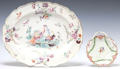 (2) EARLY CHELSEA PORCELAIN PLATTER & WORCESTER 'BLIND EARL' DISH