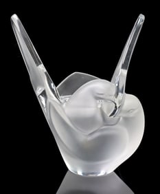 FRENCH LALIQUE CRYSTAL 'SYLVIE' DOVE VASE WITH FLOWER FROG