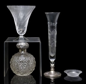 (4) LALIQUE FRANCE, CUT CRYSTAL PERFUME BOTTLE & FLORAL ETCHED VASE