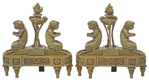 NEOCLASSICAL STYLE GILT METAL FIGURAL SATYR ANDIRONS / CHENETS