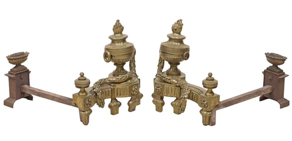 (2) FRENCH LOUIS XVI STYLE GILT METAL FIREPLACE ANRIDONS / CHENETS