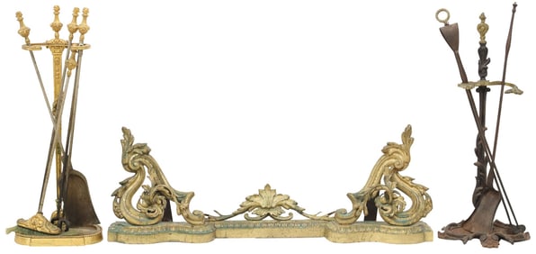 (LOT) FRENCH LOUIS XV & XVI STYLE METAL FIREPLACE FENDER & TOOL SETS