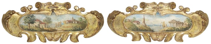 (2) ITALIAN VENETIAN PARCEL GILT & PAINTED CIEL DE LIT / PELMET PLAQUES