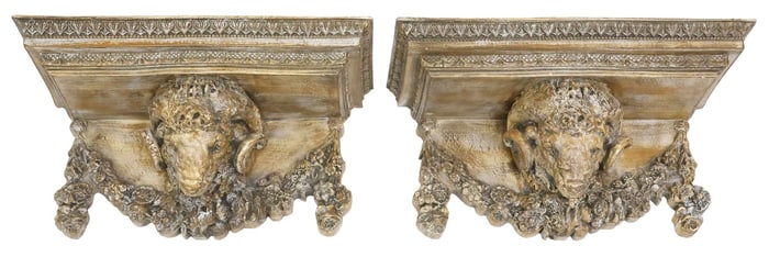 (2) NEOCLASSICAL STYLE CAST COMPOSITE RAMS HEAD WALL BRACKETS
