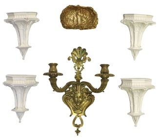 (6) COLLECTION OF ARCHITECTURAL ELEMENTS, WALL BRACKETS, SCONCE & TRINKET DISH
