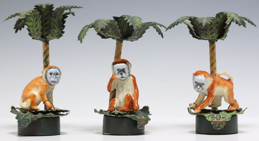 (3) PETITE CHOSES CERAMIC & COLD PAINTED MONKEY 1-LT CANDLESTICKS
