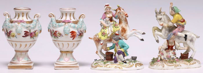 (4) SMALL MEISSEN-STYLE PORCELAIN CABINET ARTICLES, CARL THIEME & ACHILLE BLOCH