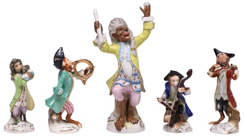 (5) GERMAN PORCELAIN MONKEY ORCHESTRA FIGURES AFTER MEISSEN