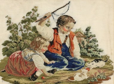 FRAMED ENGLISH SCHOOL NEEDLEPOINT EMBROIDERY, CHILDREN & CATS PLAYING