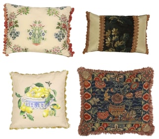(4) DECORATIVE TAPESTRY, NEEDLEPOINT, PAINTED & EMBROIDERED PILLOWS