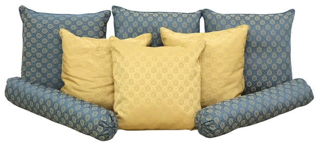 (8) DECORATIVE BLUE & YELLOW JACQUARD-UPHOLSTERED THROW PILLOWS