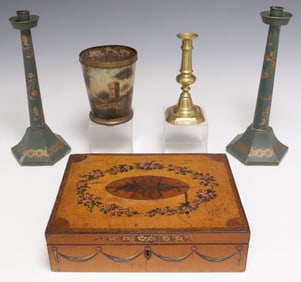 (5) CABINET ITEMS: CANDLESTICKS, SMALL JARDINIERE & ENGLISH SATINWOOD BOX