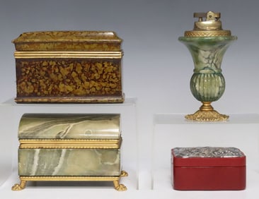 (4) ENGLISH & CONTINENTAL TABLE BOXES & ONYX LIGHTER