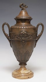 FRENCH NEOCLASSICAL STYLE PATINATED METAL & MARBLE COVERED URN