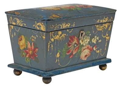 ENGLISH VICTORIAN PAINTED PAPIER-MACHE TEA CADDY