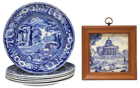 (7) JOSEPH STUBBS ITALIAN PATTERN PLATES & MINTON STATE HOUSE TILE