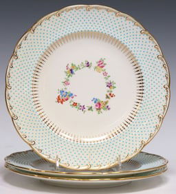 (3) MINTON TIFFANY & CO. FLORAL & BLUE DOT PORCELAIN DINNER PLATES