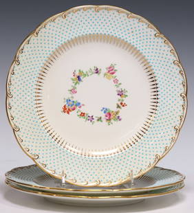 (3) MINTON TIFFANY & CO. FLORAL & BLUE DOT PORCELAIN DINNER PLATES: (lot of 3) English porcelain&nbsp;dinner plates, Minton&#39;s, retailed by Tiffany and Company, New York, pattern reference number G7347, each with polychrome floral wreath on white ground,&nbsp;with