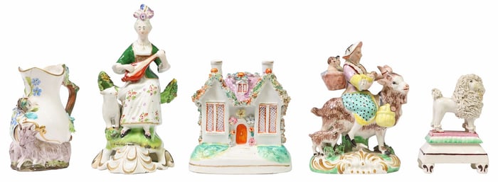 (5) ENGLISH VICTORIAN STAFFORDSHIRE POTTERY FIGURES, COIN BANK & VASE