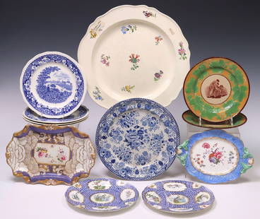 (12) COLLECTION OF ENGLISH PLATES: WEDGWOOD, SWINNERTON'S, ETC.: (lot of 12) Collection of assorted service and cabinet plates, most likely English,, highlights include: (1) Wedgwood Creamware service tray, scalloped trim with floral motifs, makers mark underfoot,