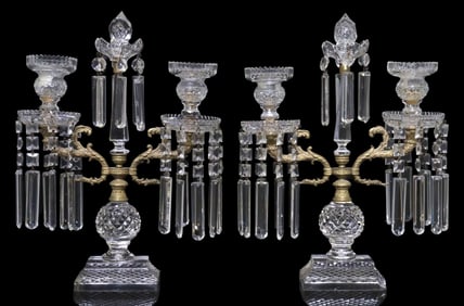 (2) REGENCY GILT-METAL & CUT-GLASS TWO-LIGHT CANDELABRA