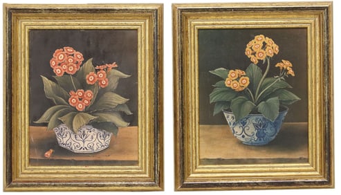 (2) FRAMED OLEOGRAPHS ON CANVAS, FLORAL STILL LIFE WITH AURICULA