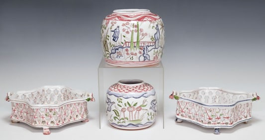 (4) PORTUGUESE MAJOLICA POTTERY RETICULATED BASKETS & VASES