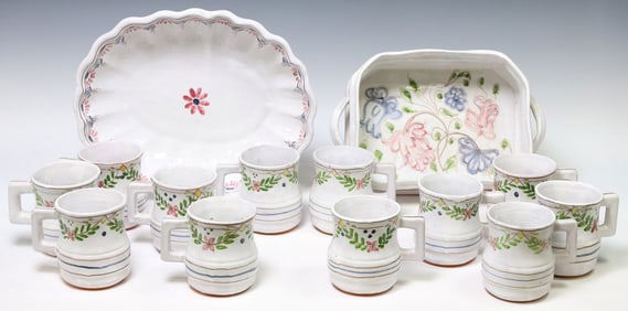 (14) PORTUGUESE POLYCHROME MAJOLICA POTTERY SERVICE WARE & CUPS