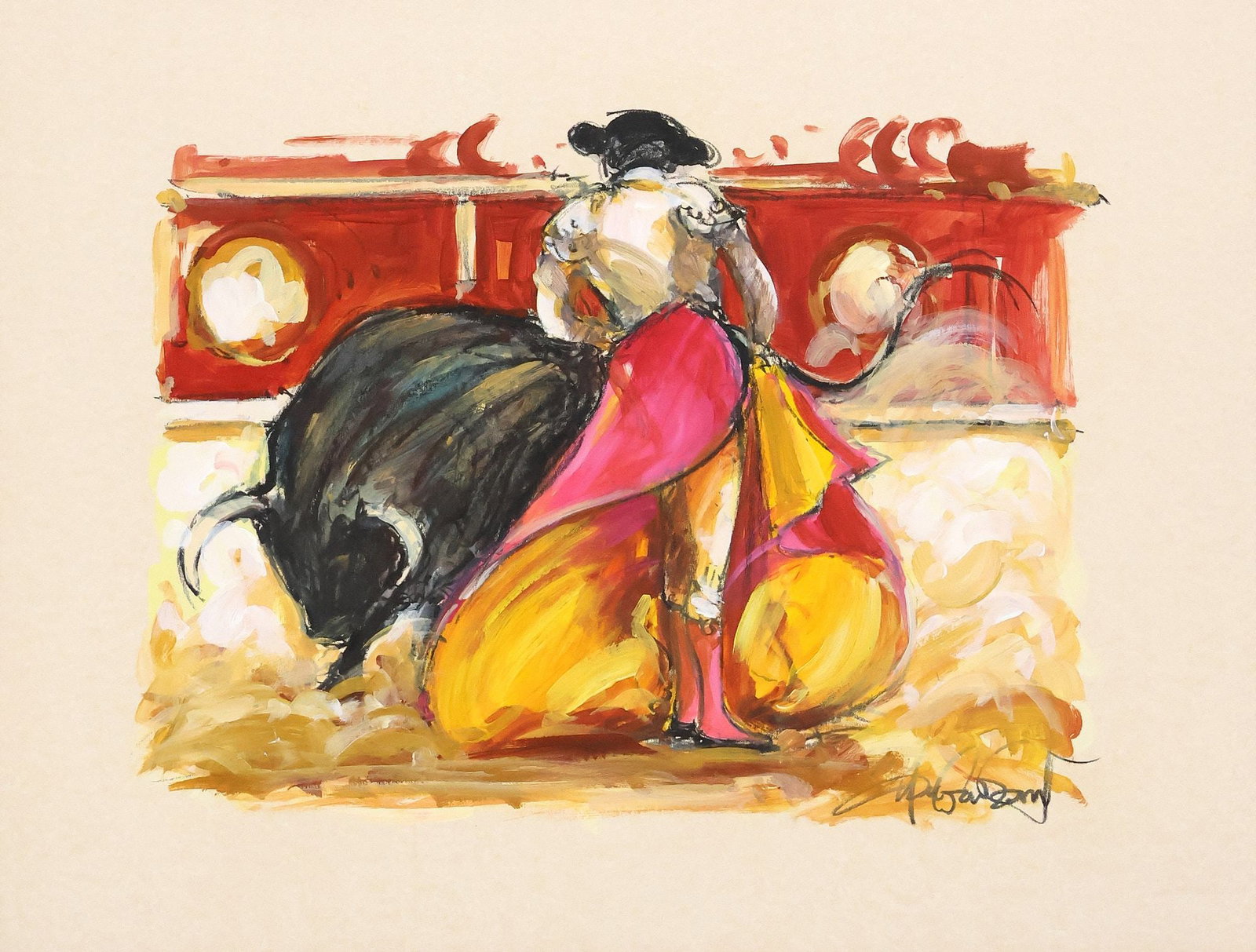 SIGNED PAINTING BULL CHARGING A SPANISH MATADOR: Framed mixed media painting on illustration board, Bull Charging a Matador, signed lower right Du Garzon (?), sight: approx 22.25"h, 29.25"w, overall: 27"h, 34"w, 5.25lbs