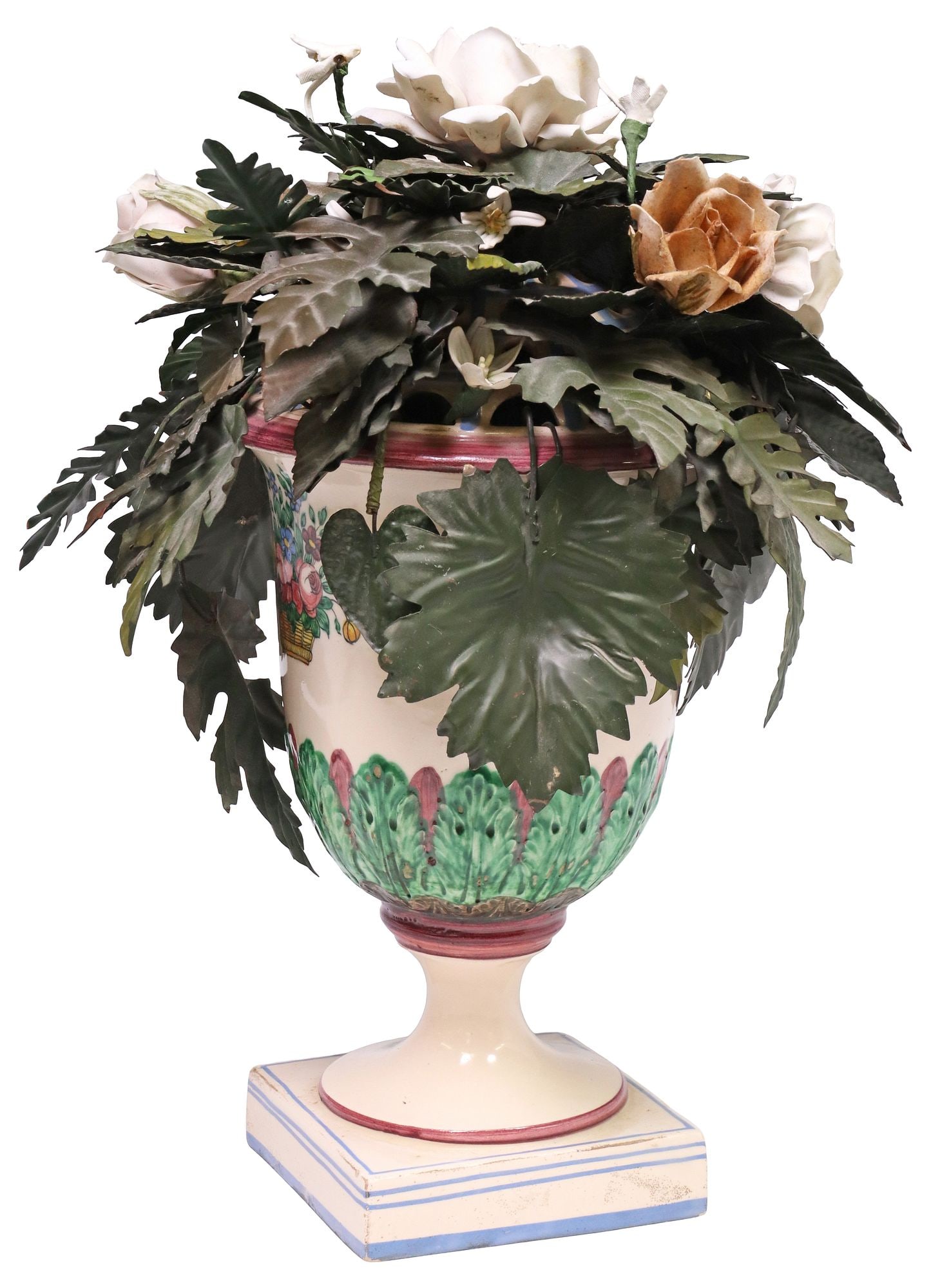 FRENCH FAIENCE & TOLE PEINTE FLOWER ARRANGEMENT TOPIARY (1 of 4)