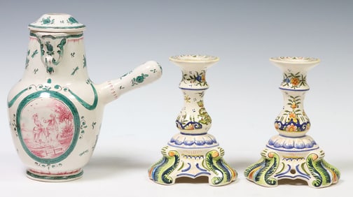 (3) FRENCH FAIENCE POTTERY, BLOIS CANDLESTICKS & SCEAUX STYLE CHOCOLATE POT