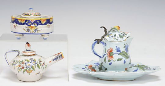 (3) FRENCH FAIENCE POTTERY, DESVRES INKWELL, LUNEVILLE TEAPOT & ROUEN STYLE CREAMER