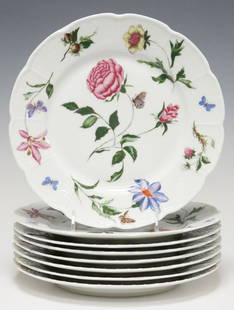 (9) FRENCH LIMOGES CERALENE 'MON JARDIN' PORCELAIN DINNER PLATES & TRAY: (lot of 9) French Limoges porcelain dinner plates and tray, Ceralene, in the "Mon Jardin" pattern, having a scalloped rim with floral and insect motifs, including: (8) dinner plates, approx 9 5/8"diam
