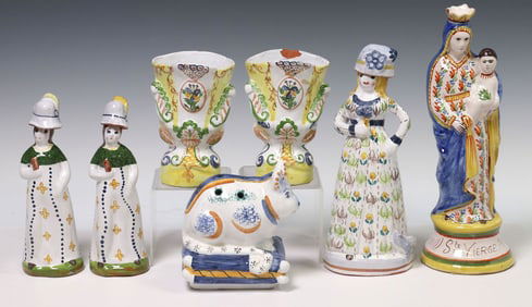 (7) MAJOLICA POTTERY FIGURAL TABLEWARE & FRENCH QUIMPER VIRGIN MARY