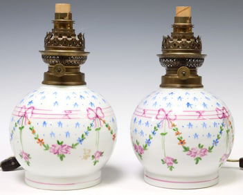 (2) CONTINENTAL GLOBULAR PORCELAIN CONVERTED OIL LAMPS