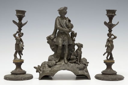 (3) CONTINENTAL PATINATED METAL FIGURAL GARNITURE SET
