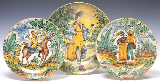(3) DECORATIVE MAJOLICA POTTERY HAND-PAINTED POLYRCHOME CHARGERS