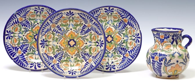 (4) YSAURO URIARTE TALAVERA POTTERY PITCHER & PLATES, MEXICO