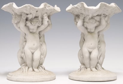 (2) SMALL CLASSICAL STYLE CAST COMPOSITE CHERUB JARDINIERES