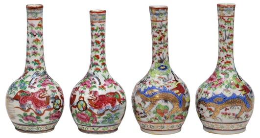 (4) CHINESE EXPORT PARCEL-GILT FAMILLE ROSE PORCELAIN BOTTLE VASES