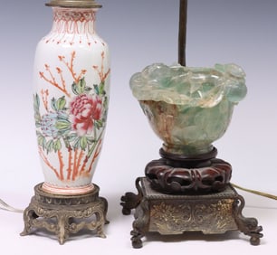 (2) CHINESE CARVED FLUORITE & PORCELAIN VASIFORM TABLE LAMPS